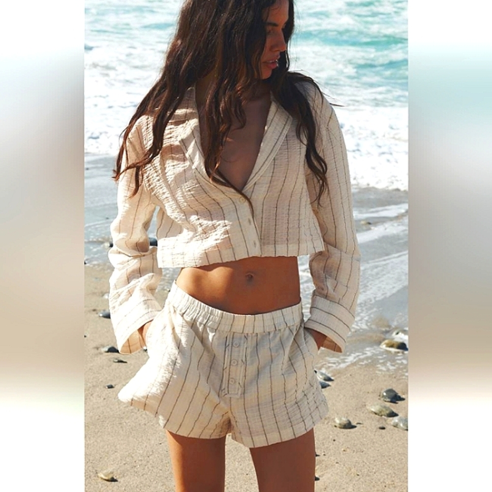 ZARA WRINKLE EFFECT BEIGE STRIPES LONG SLEEVES TOP